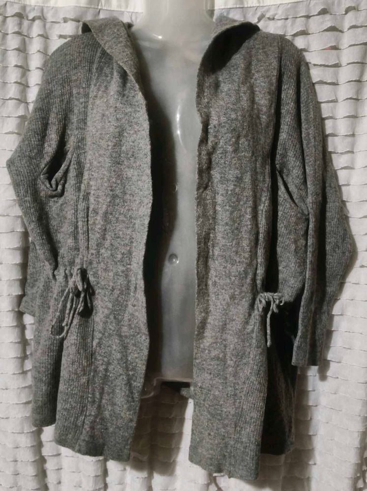 Gray Knit Hooded Cardigan