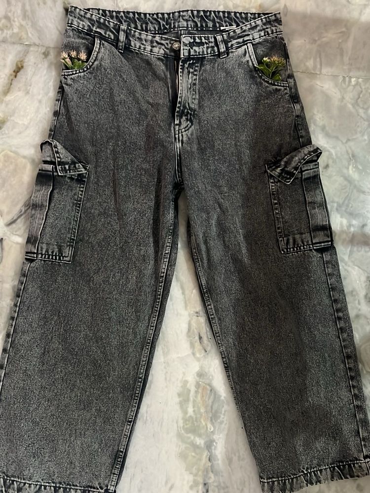 Grey Acid Wash Cargo Jeans