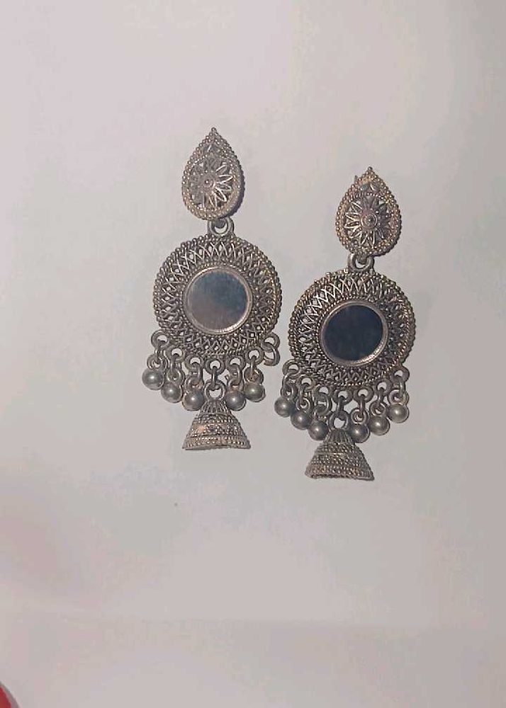 Boho Silver Tone Mirror Jhumka Earrings