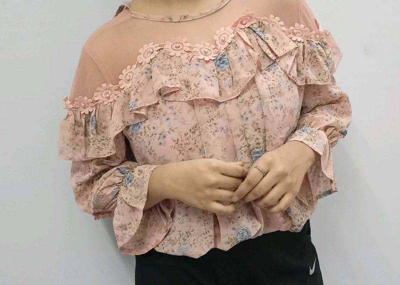 Floral Ruffle Sheer Top