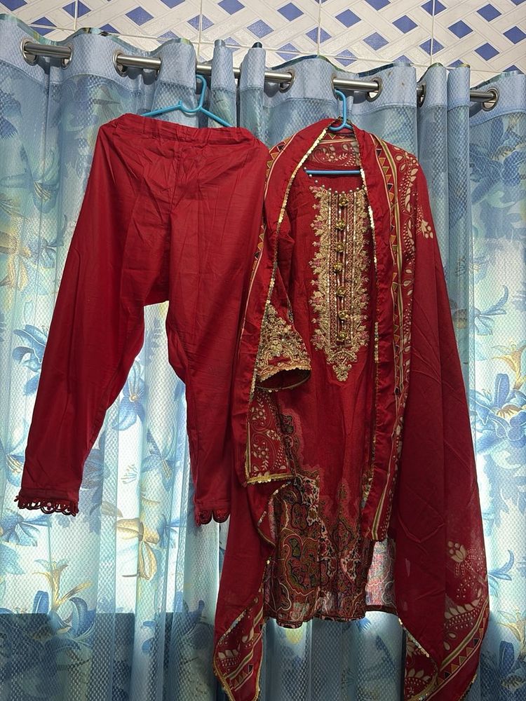 Red Embroidered Kurta Set