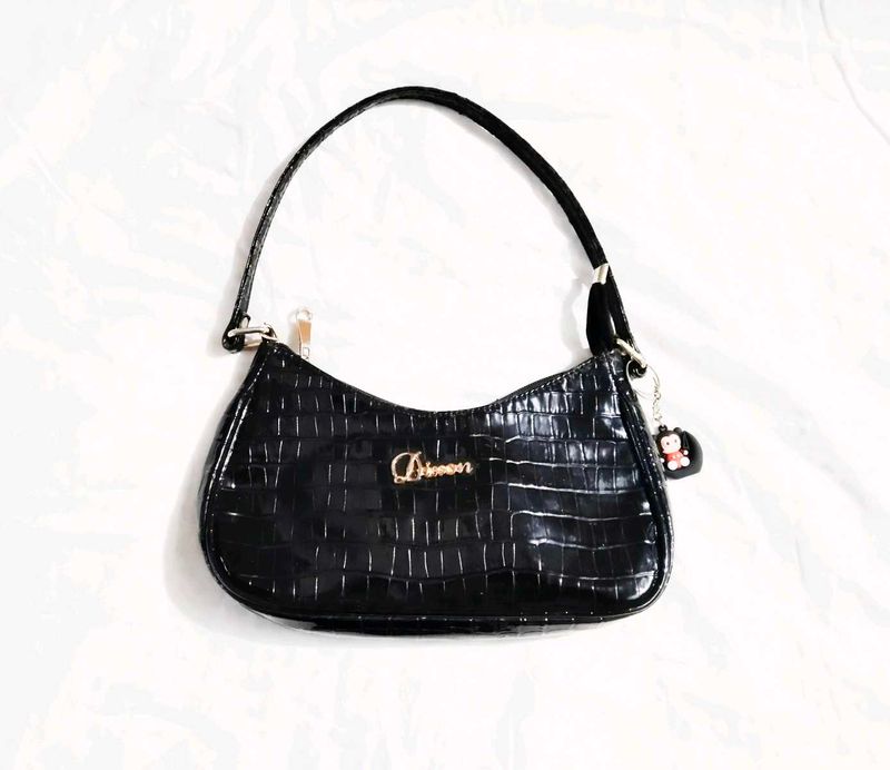 Black Croc Embossed Shoulder Bag