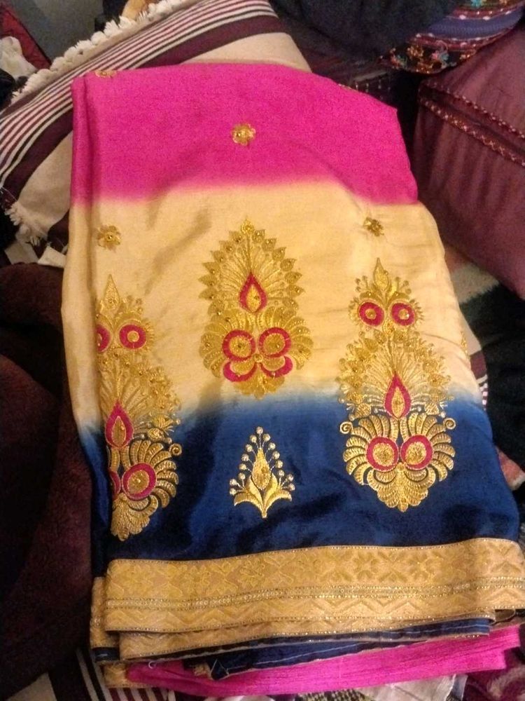 Pink &amp; Blue Embroidered Saree