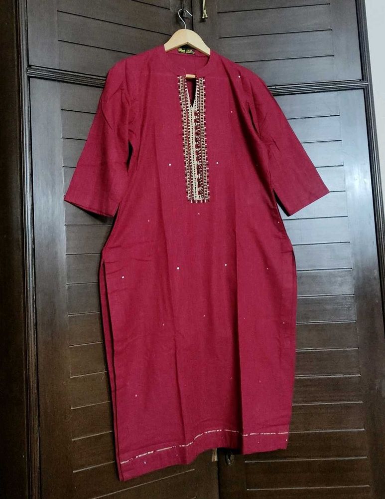Maroon Cotton Embroidered Kurta