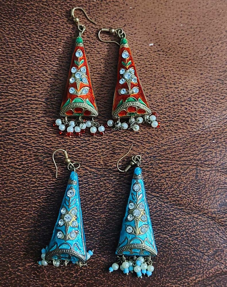 2 pairs Meenakari Statement Earrings