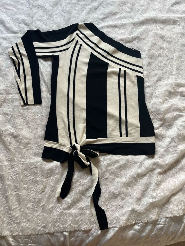 Black &amp; White Striped One-Shoulder Tie Top
