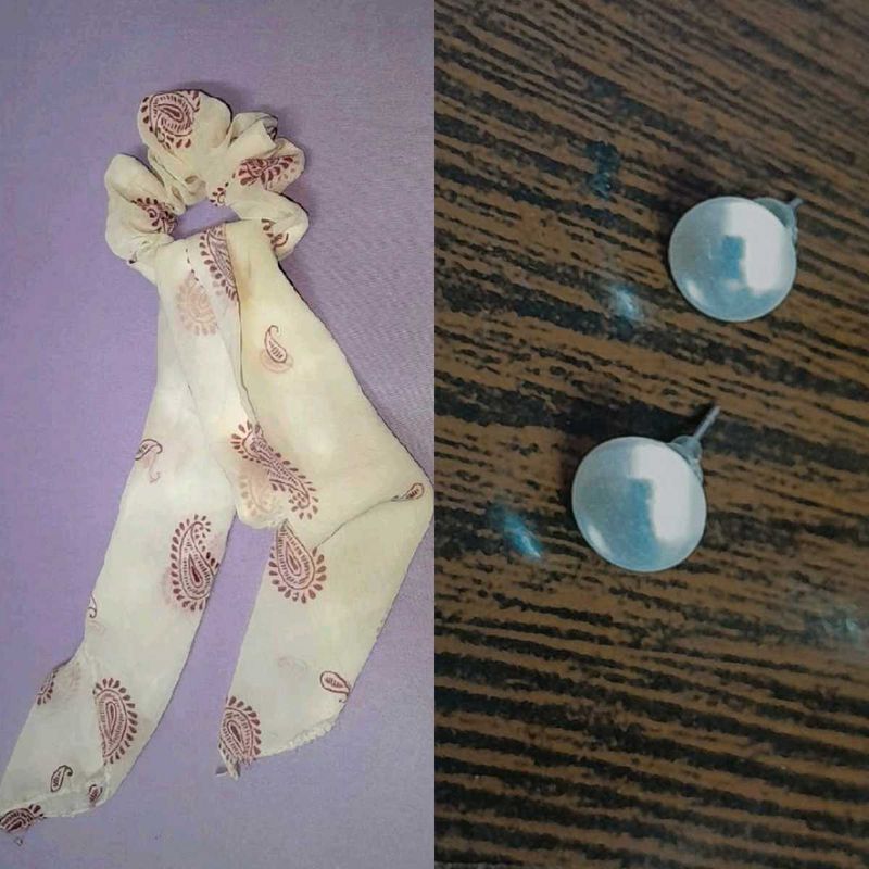 Paisley Scrunchie with Scarf + Pearl Studs