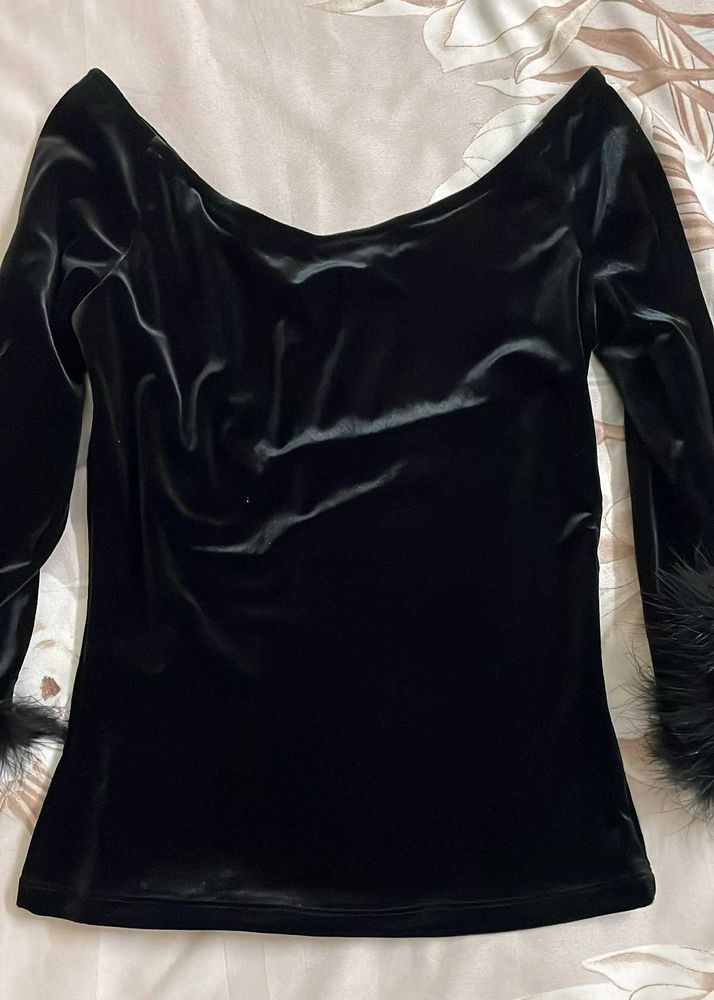 Black Velvet Feather Cuff Top