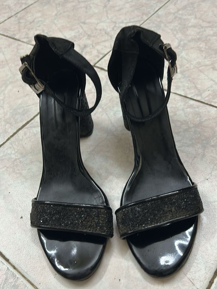 Black Glitter Block Heels