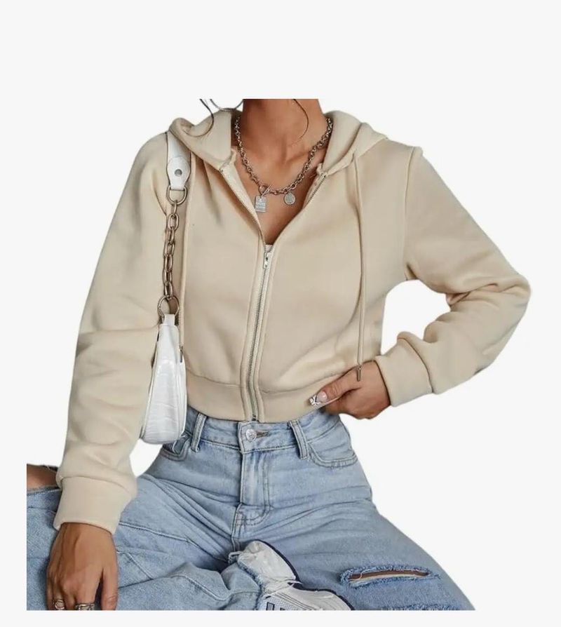 Beige Cropped Zip-Up Hoodie