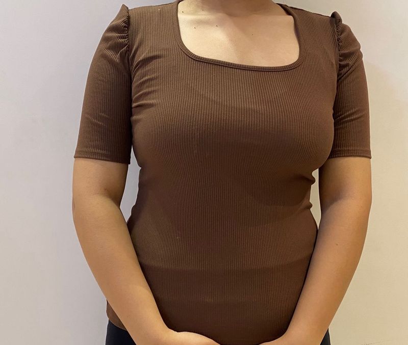 Brown Ribbed Square Neck Top
