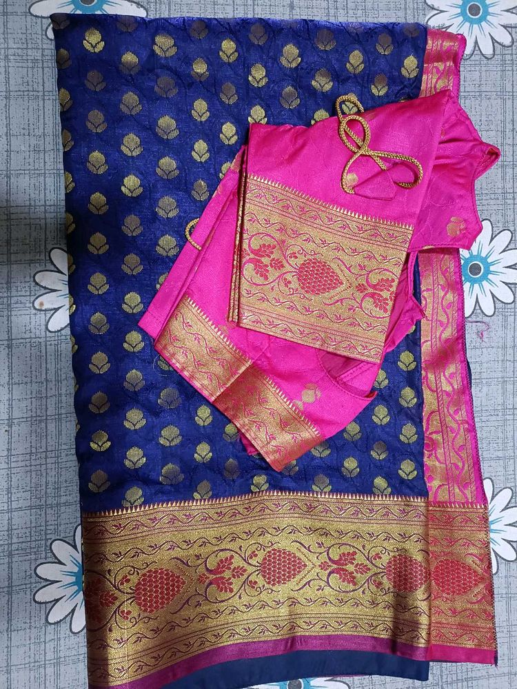 Royal blue saree with stiched blouse