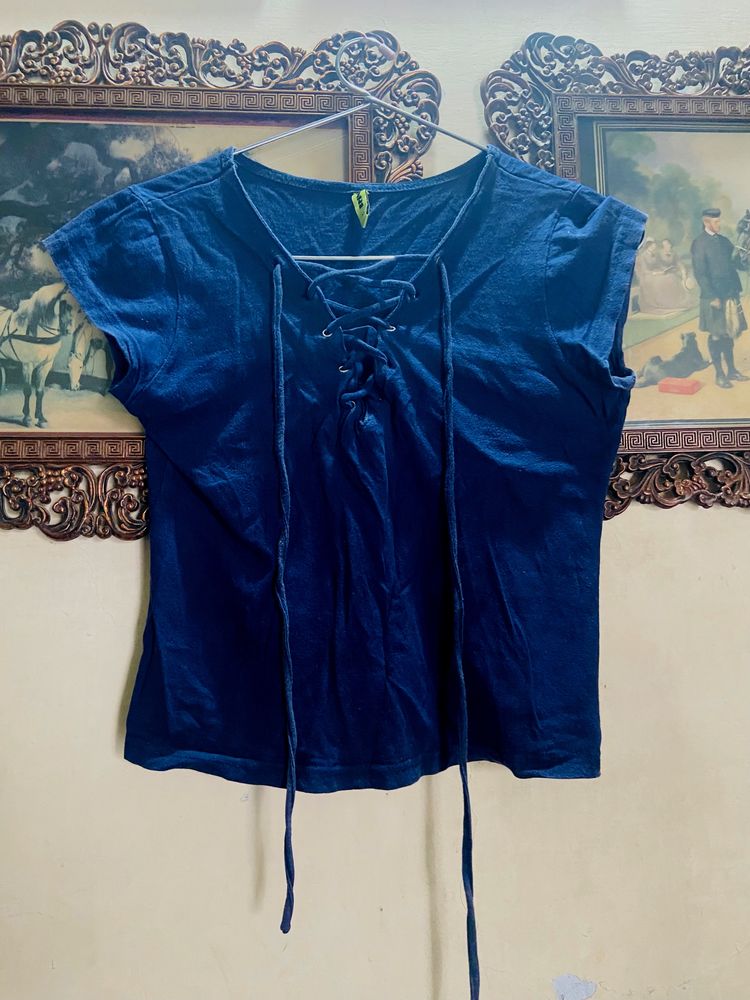 Cute Navy Blue Colour Crop Top With Laces In Front Neck