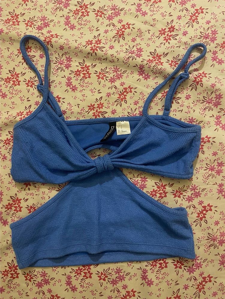 Blue Ribbed Cutout Top