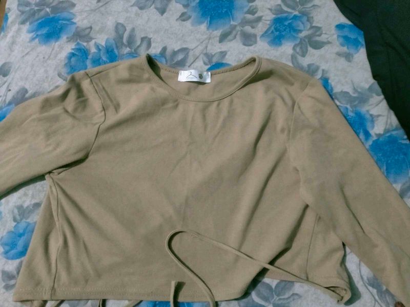 Tan Long Sleeve Tie Waist Top