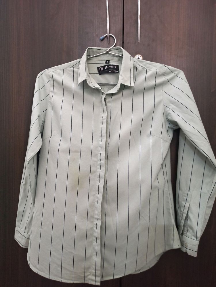 Hancock Woman Green&amp; Navy Blue Striped FormalShirt