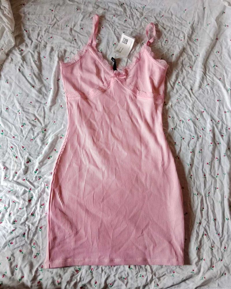 Pink Ribbed Lace Trim Mini Dress
