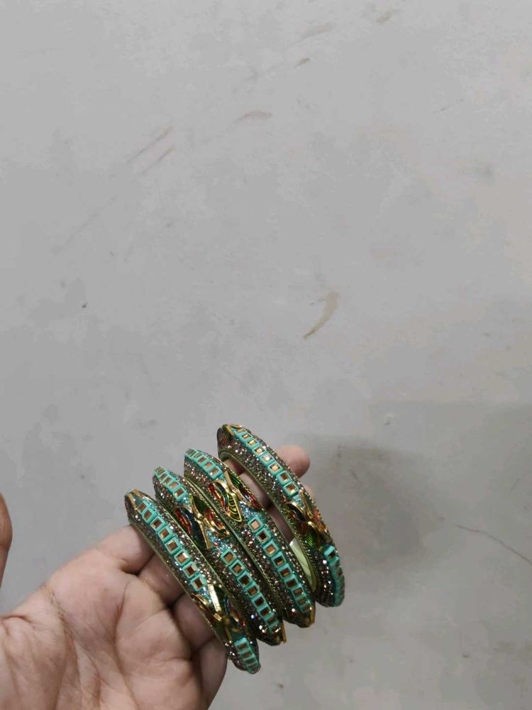 Peacock Teal &amp; Gold Beaded Bangles - Set of 4