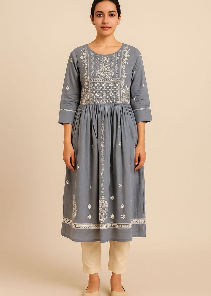 Blue Embroidered Cotton Kurti