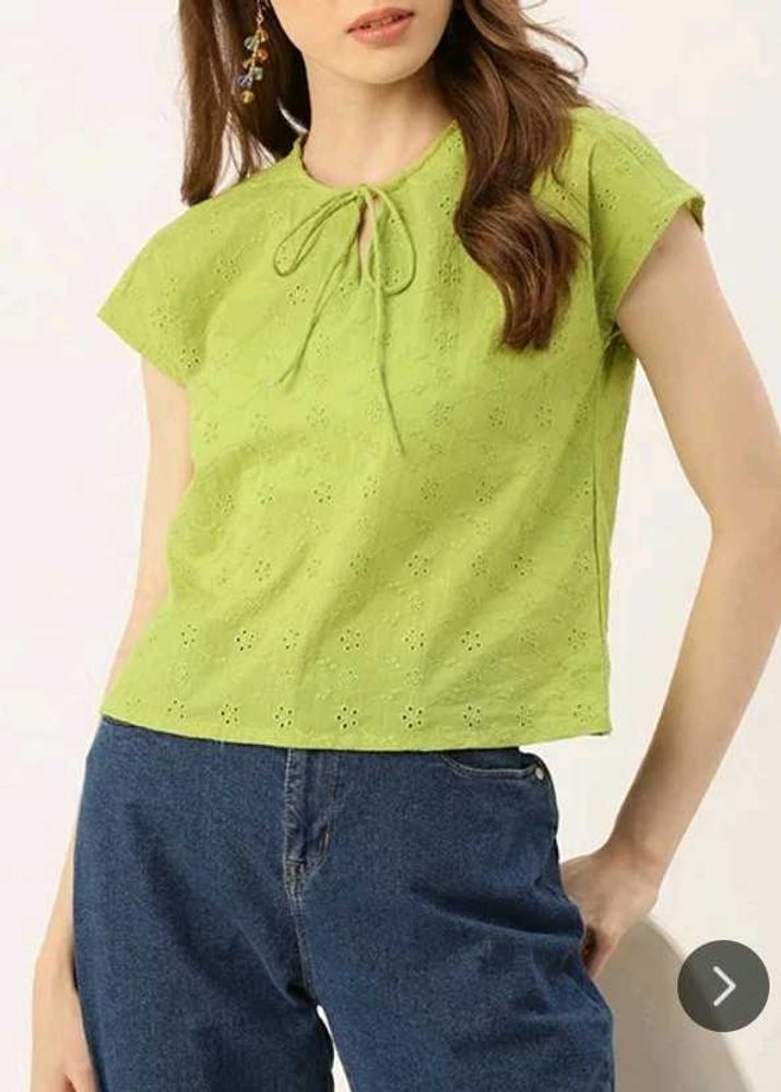 Green Eyelet Tie-Neck Top