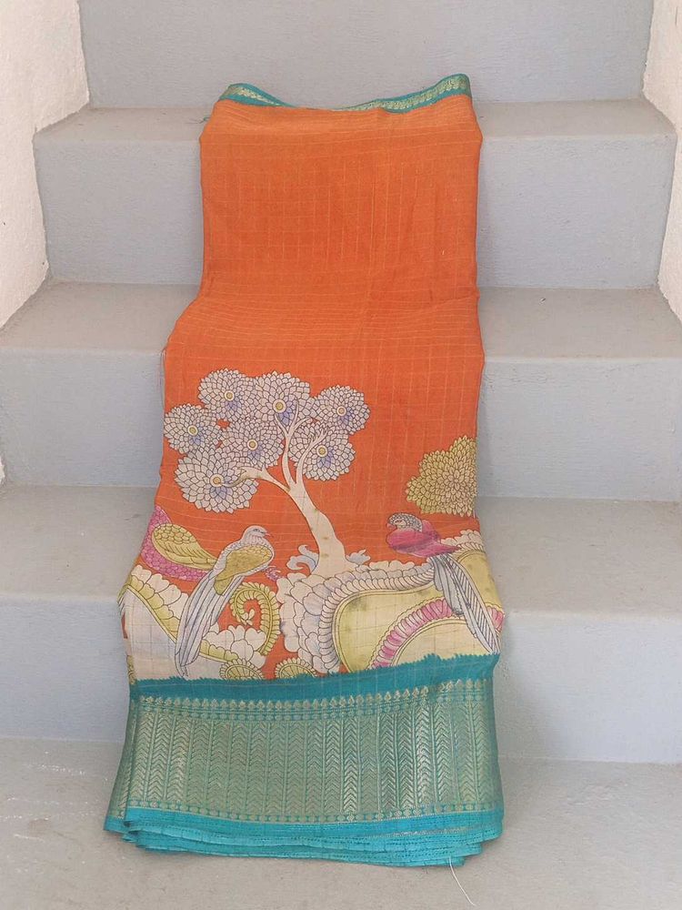 Orange Scenic Print Saree