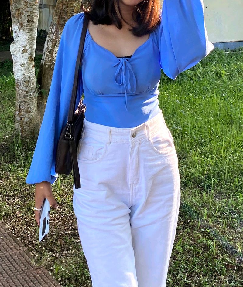 Blue Padded Puff Sleeve Top