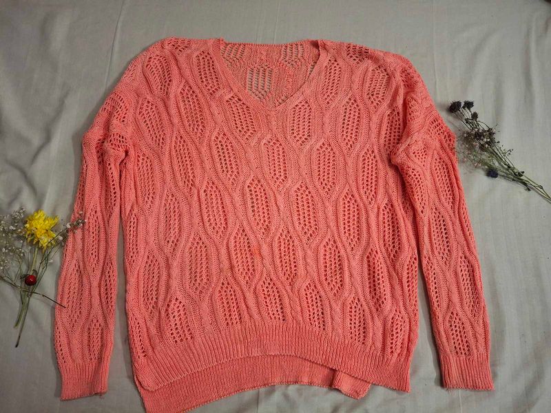 Peach Knit V-Neck Pullover