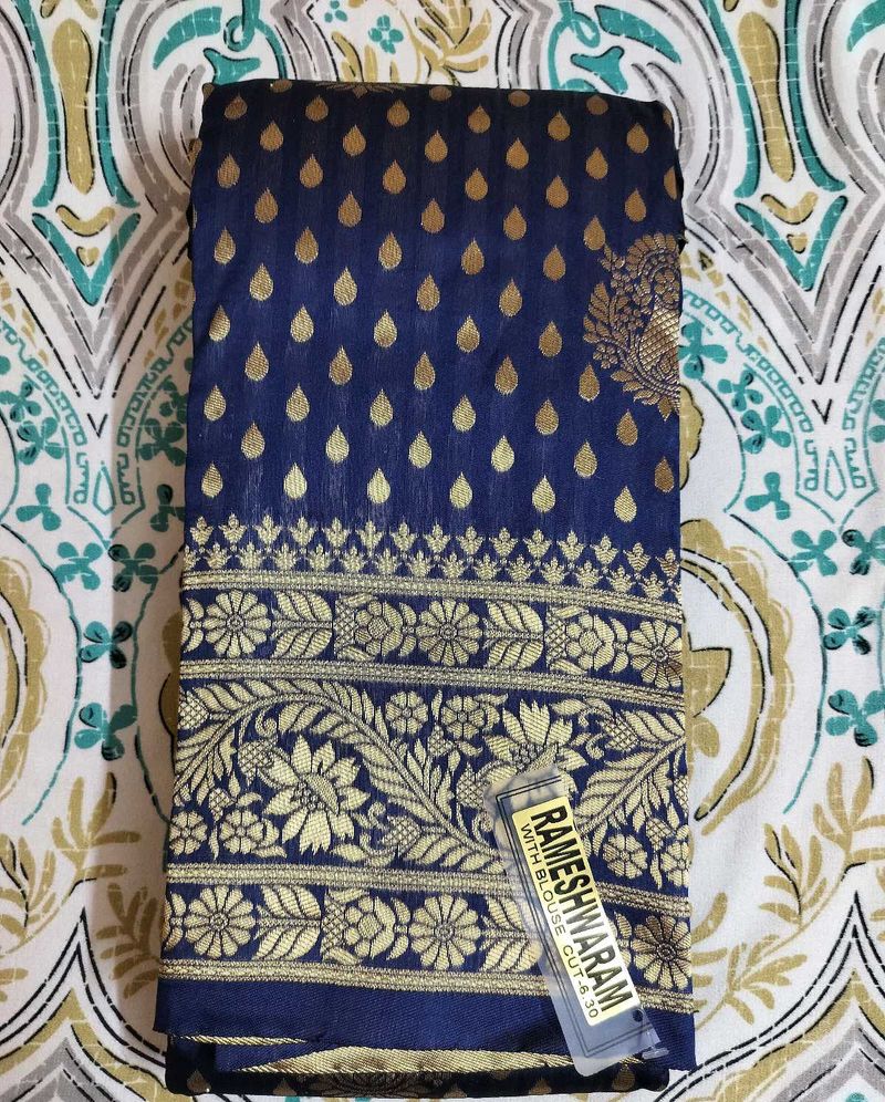 unused Elegant Navy Blue Banarasi Saree