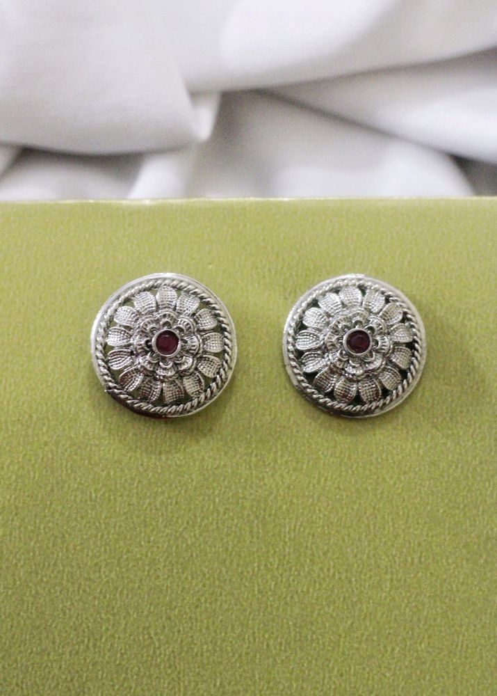 Red Stone Textured Silver Studs
