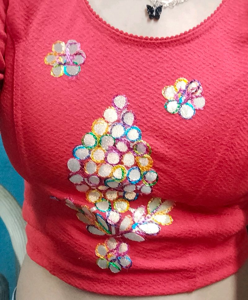 Stretchable Red Colour Blouse Multicolour Work
