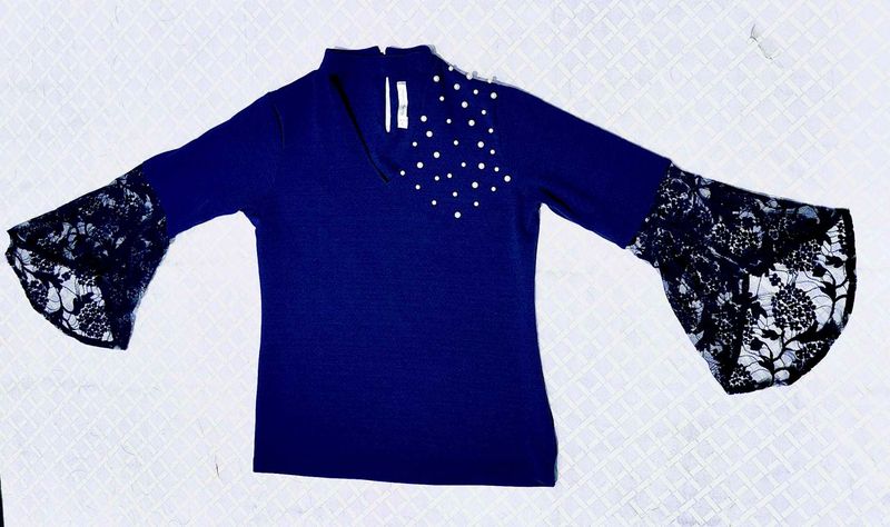 Navy Pearl Detail Lace Sleeve Top