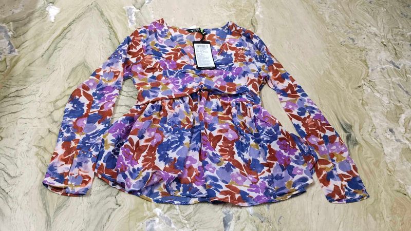 Purple Floral Print Empire Top