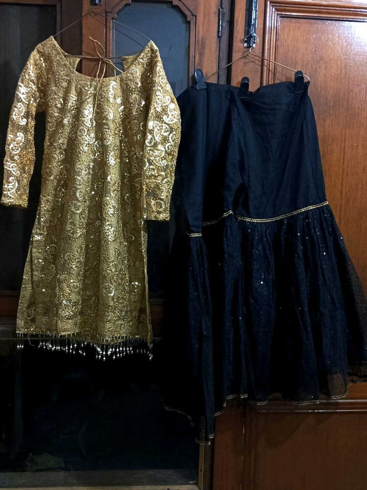 Gold Embellished Kurti with Black Skirt