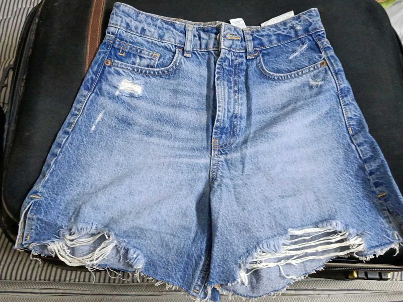 Ripped Denim High-Waisted Shorts