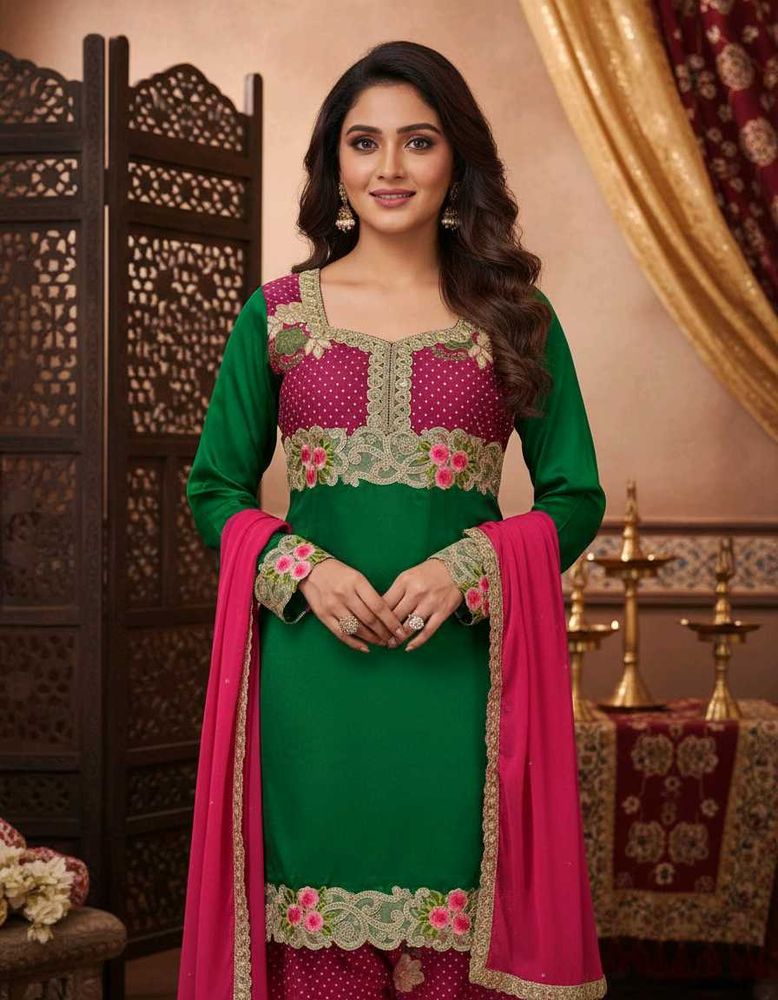 Green &amp; Pink Embroidered Salwar Kameez