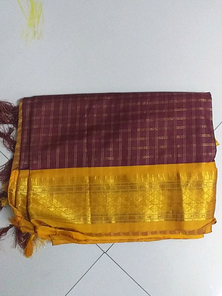 Meroon Checked Semi Soft silk Saree