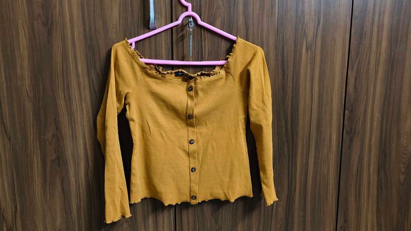 Off Shoulder, Mustard Ribbed Top