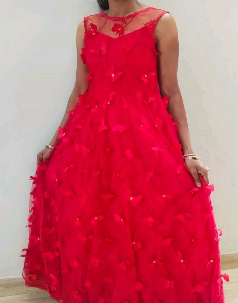 Red Floral Applique Tulle Dress