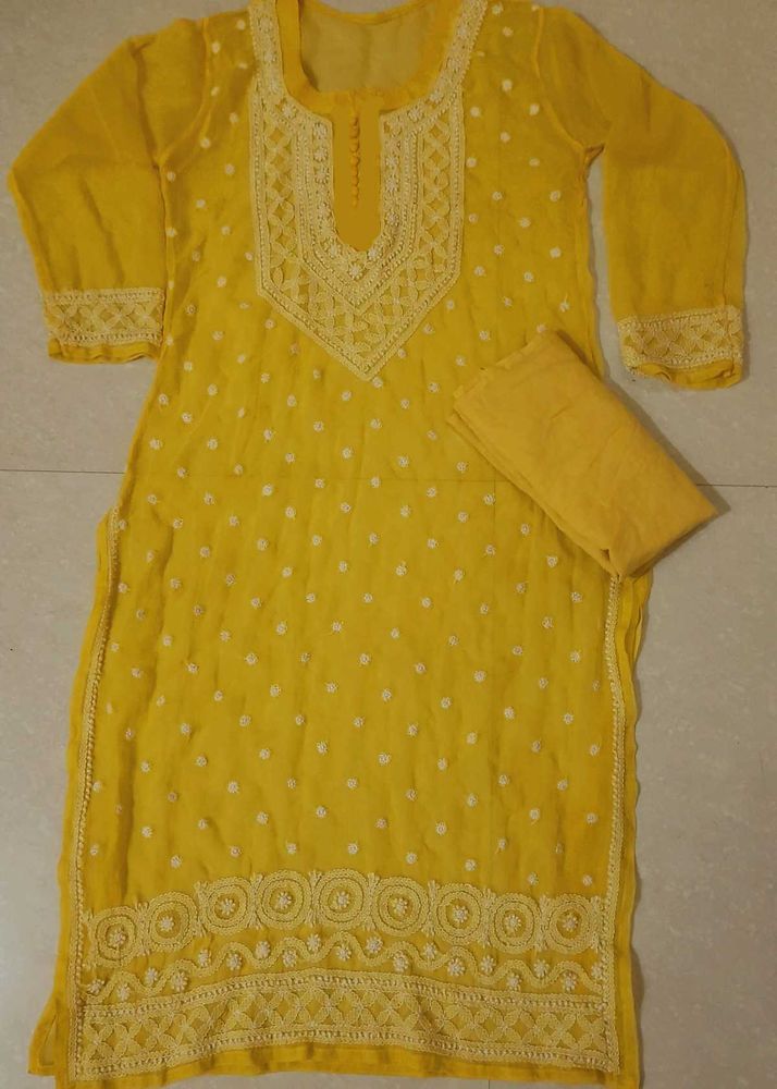 Yellow Embroidered Kurti Set