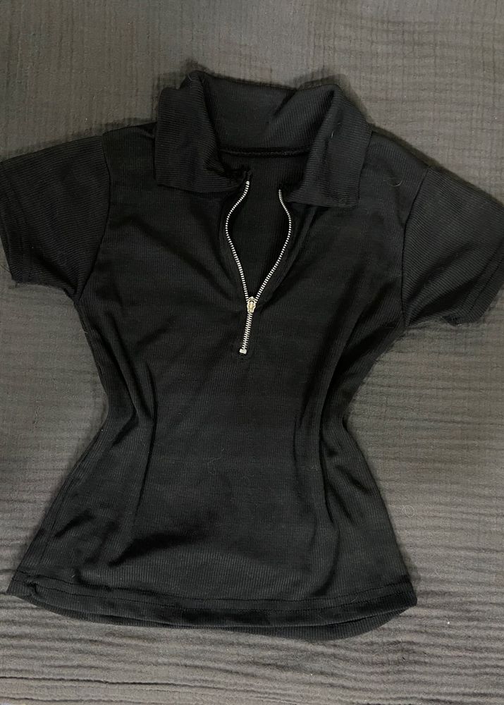 Black Ribbed Collared Zip up Polo Top