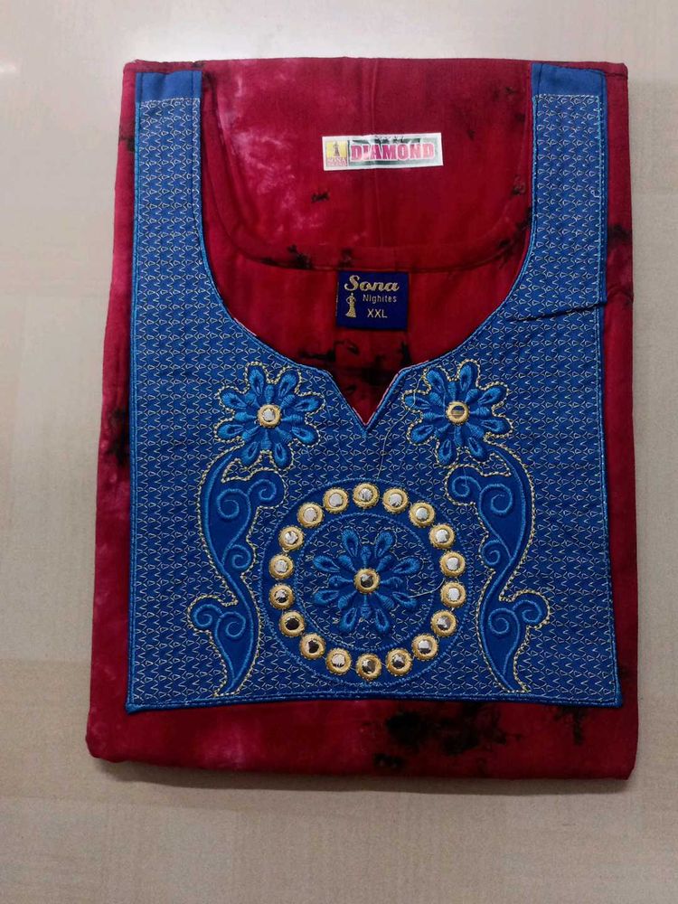 Very New Red Bhandhej Cotton Embroidery Nighty
