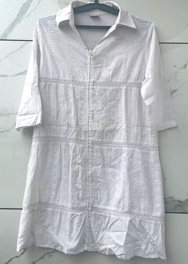 White Embroidered Shirt Dress