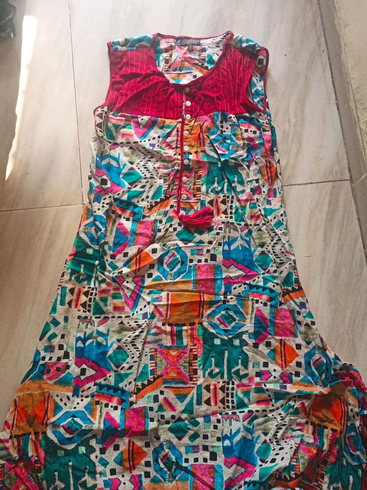 New Sleeveless A LineCotton Kurti With Beautiful T