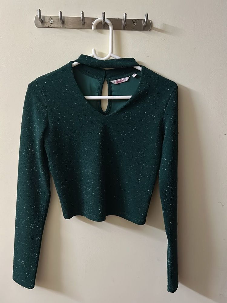 Dark Green Crop Top Full Sleeves