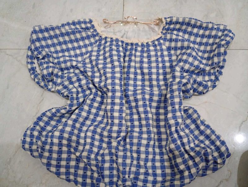 Cute Blue &amp; White Gingham Puff Sleeve Top♡