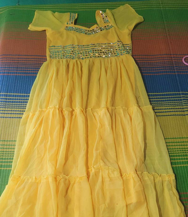 Elegant Yellow Mirror Work Gown – XXL Size