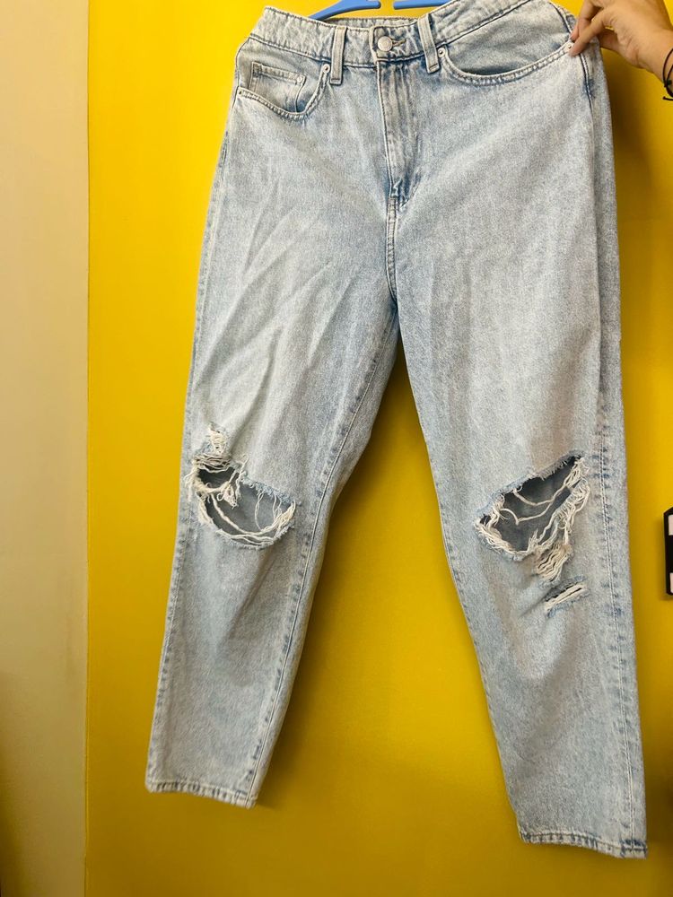 Ripped Light Wash Mom Jeans