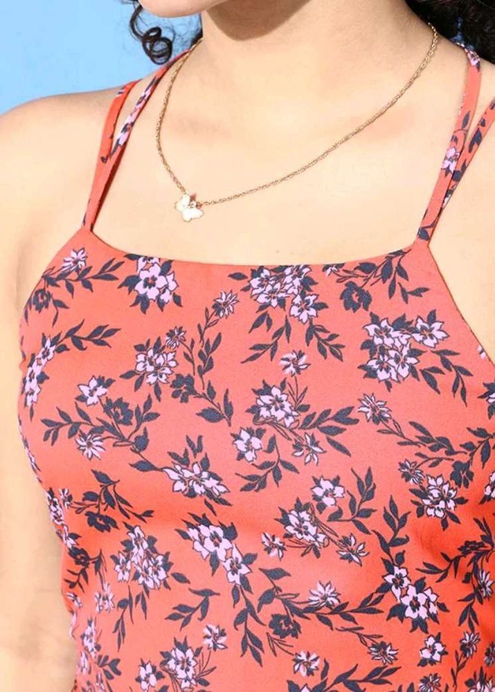 Orange Floral Print Lace up back Crepe Dress
