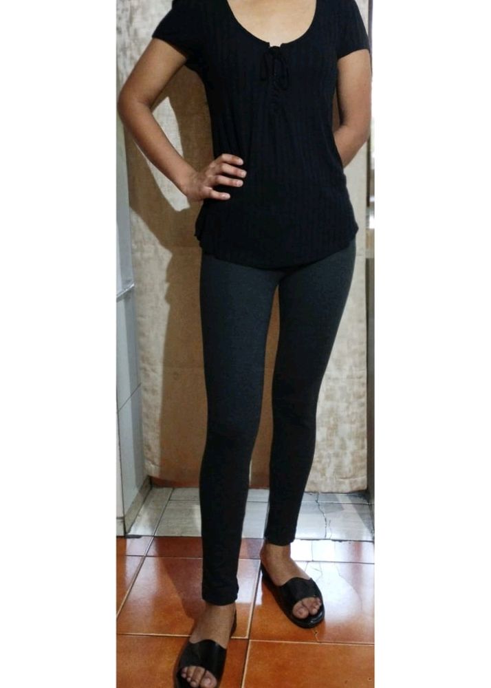TRAFSLUC ZARA ZIP TIGHT PANTS AND H&amp;M TOP BLACK