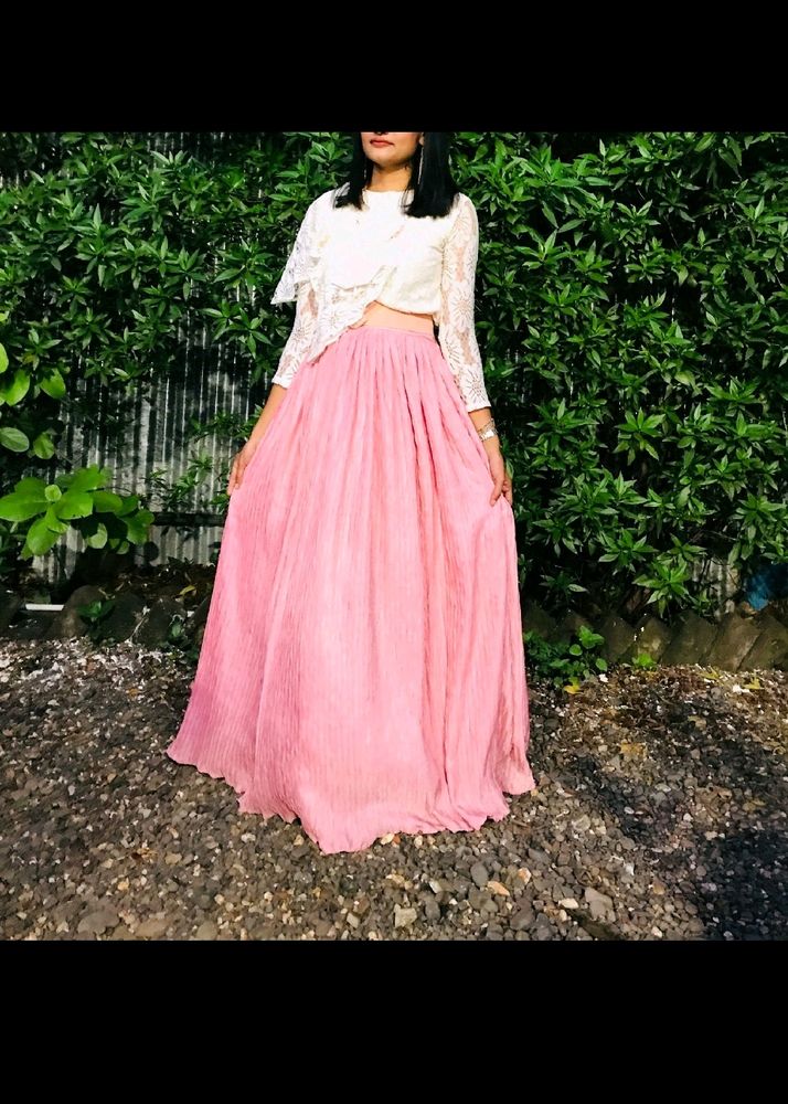 Elegant Pink Pleated Maxi Skirt &amp; Lace Top Set